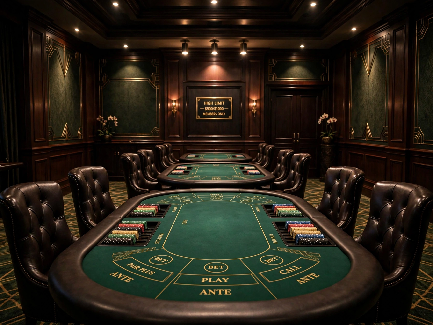 High limit baccarat table showing banker player and tie betting boxes