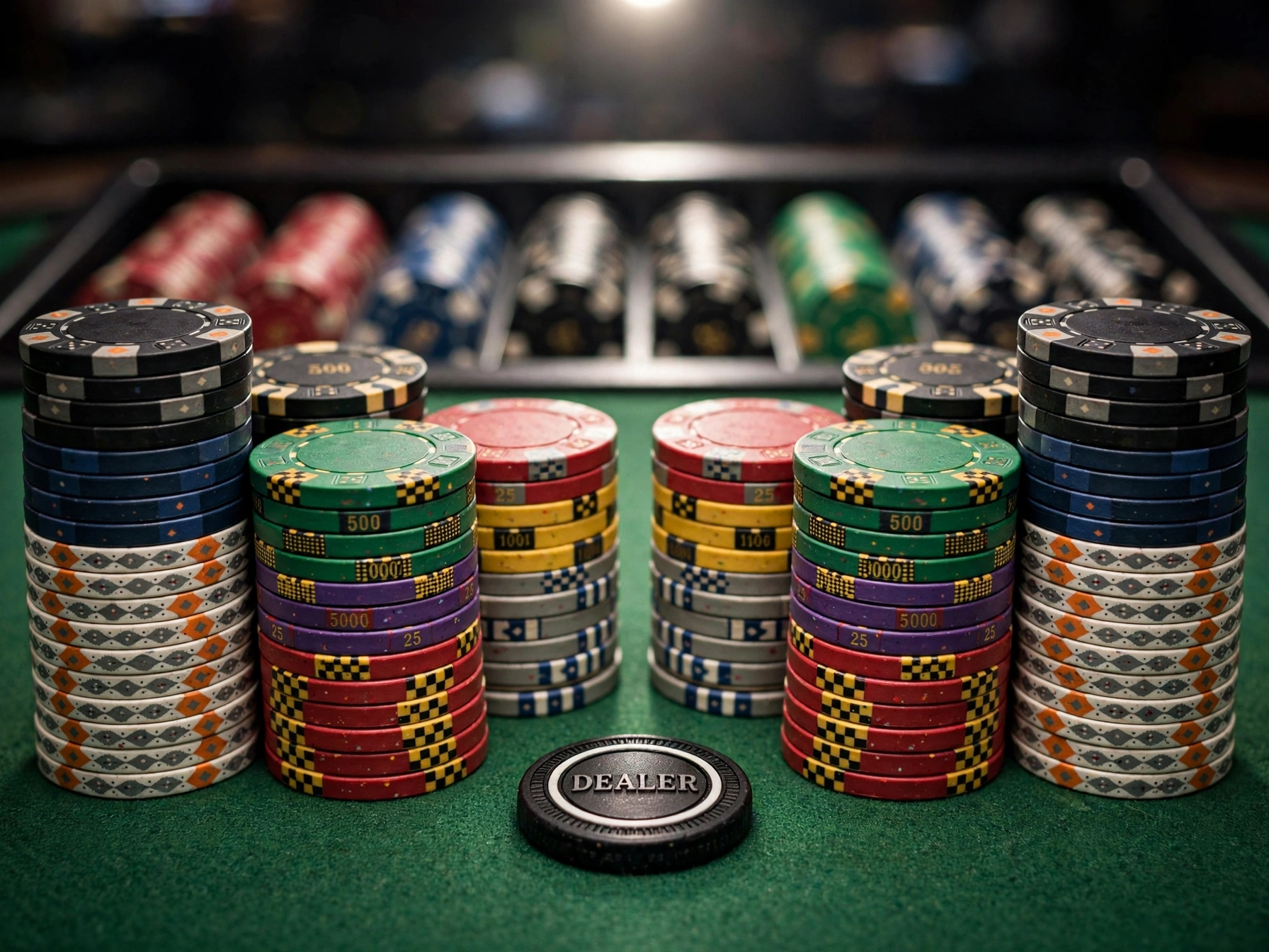 High-stakes poker tables with felt layout and professional tournament seating