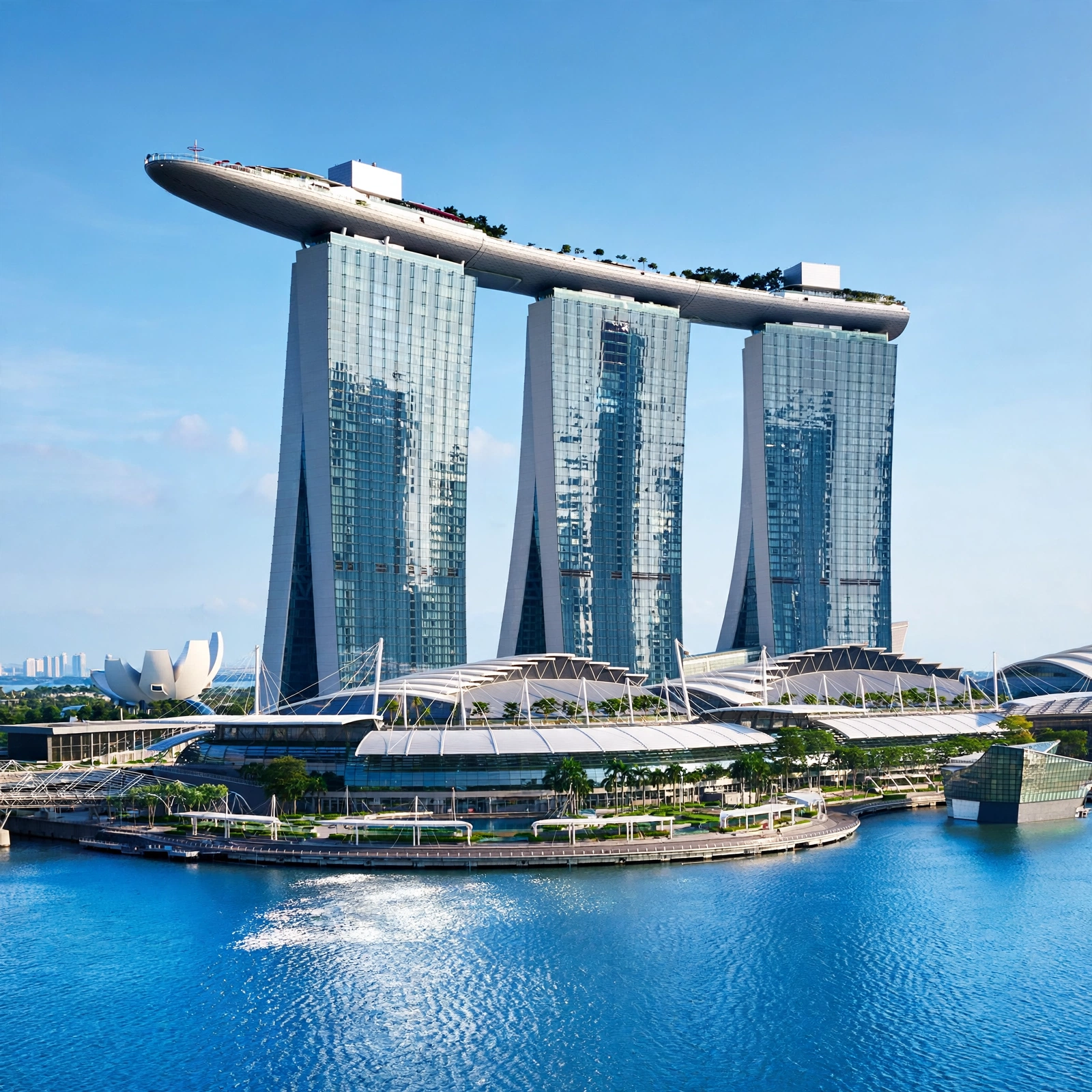 Iconic curved architectural hotel towers and cantilevered sky observation park