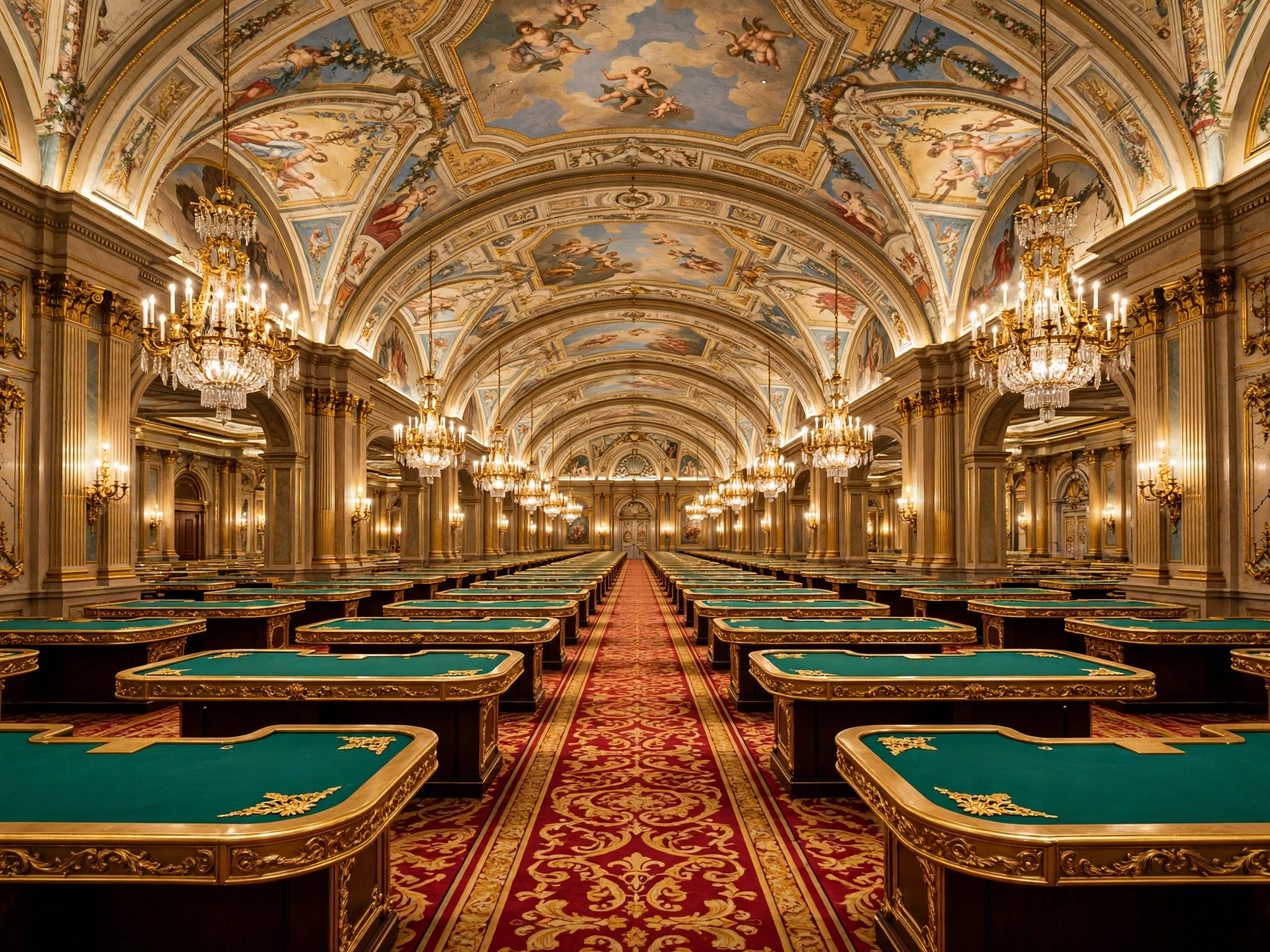 Gilded grand baccarat gaming hall with hundreds of live tables