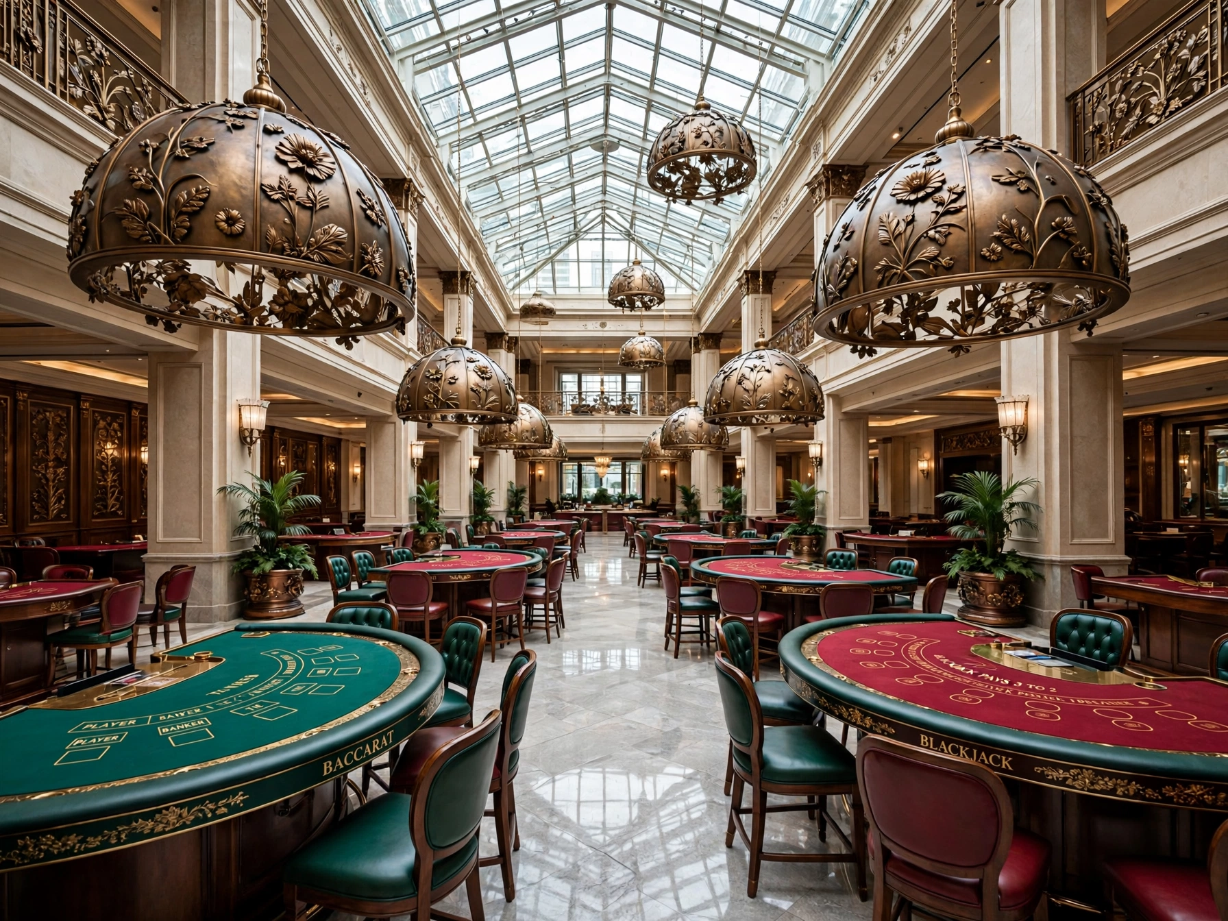 Refined casino floor with natural garden skylights and baccarat tables